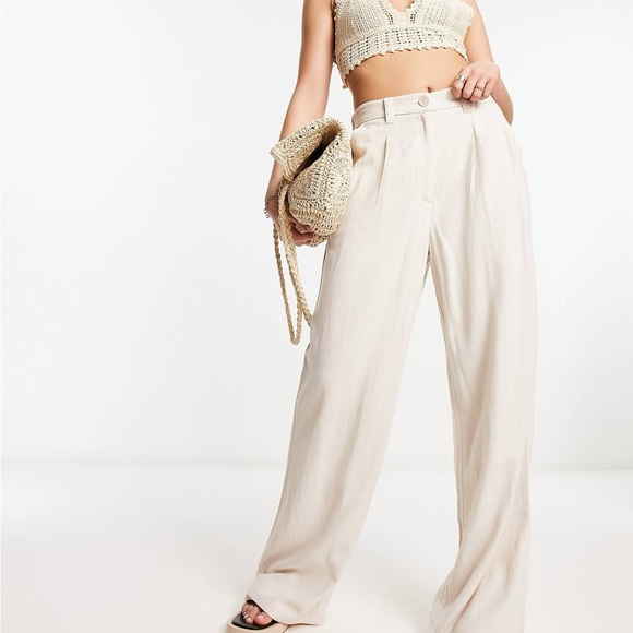 ASOS DESIGN wide leg dad pants‎ linen stone tan size 12 - Picture 2 of 7